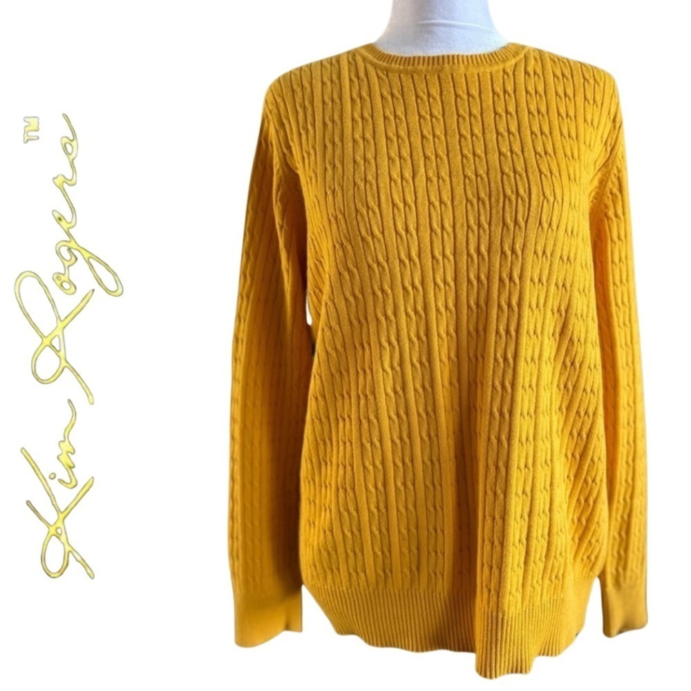 Kim Rogers Cotton Cable Knit Long Sleeve yellow Neck Mid Weight Sweater Medium - Picture 3 of 7